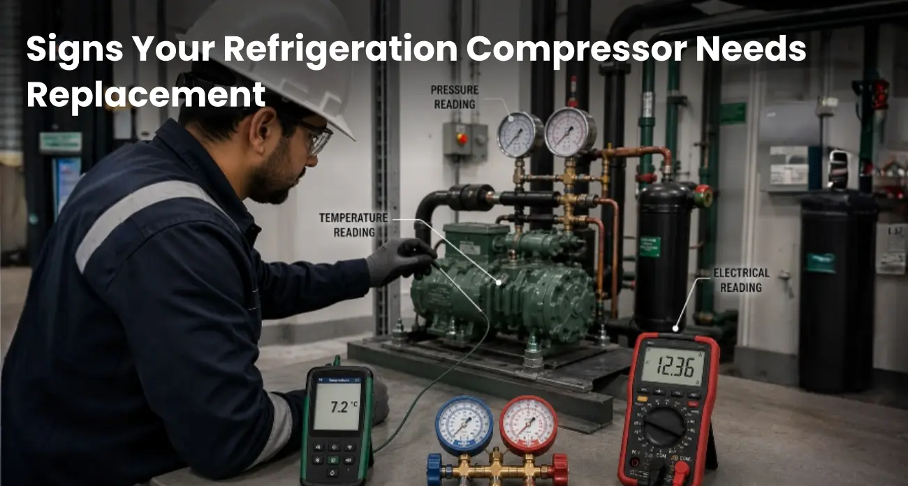Commercial refrigeration compressor inspection and replacement assessment