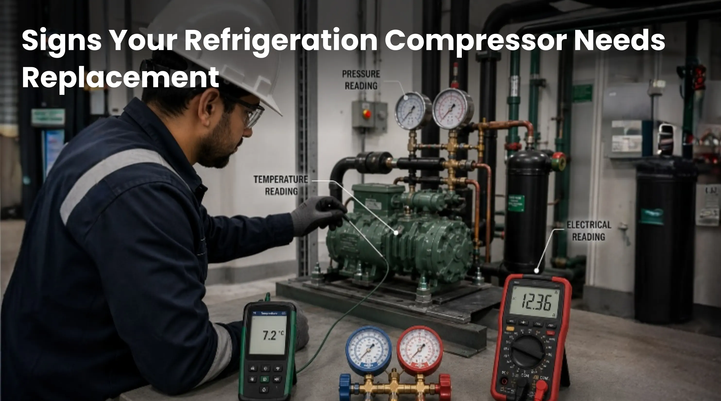 Commercial refrigeration compressor inspection and replacement assessment